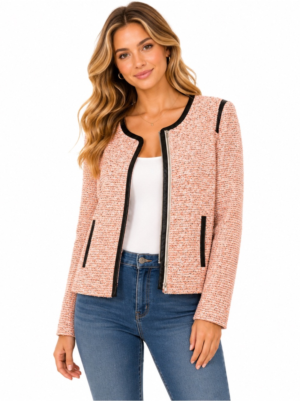 Romeo & Juliet Couture Women’s Blazer Large Pink Tweed Zip Jacket‎ Black Trim